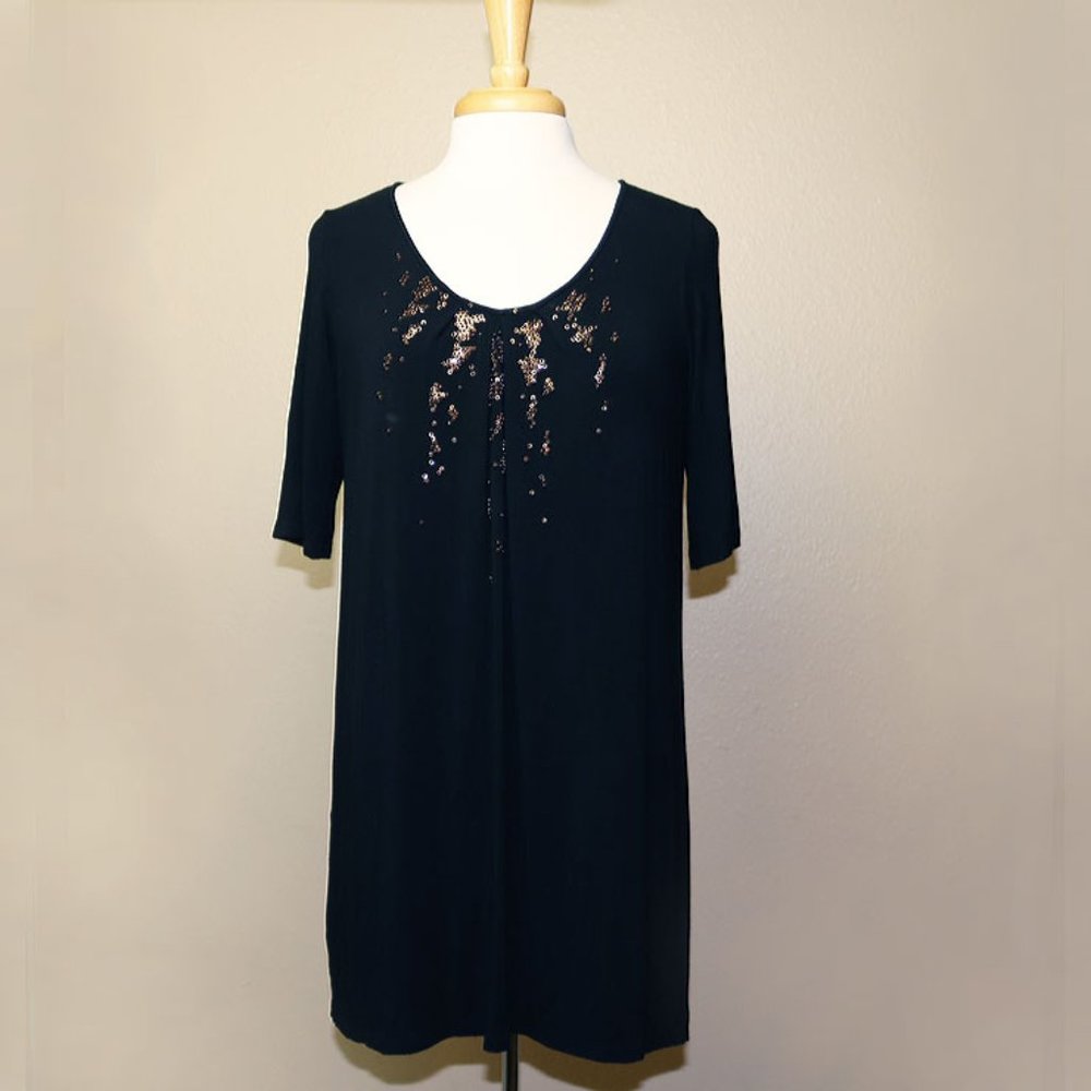 Eileen Fisher Black Knit Tunic—Gold Sequin Detail